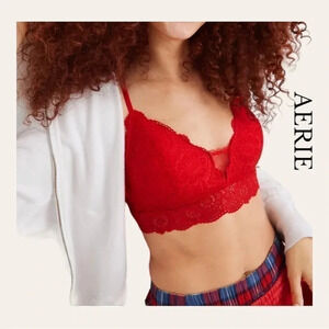 0608W. Aerie‎ Women's Red Lace Racerback Bralette Size Large Wireless